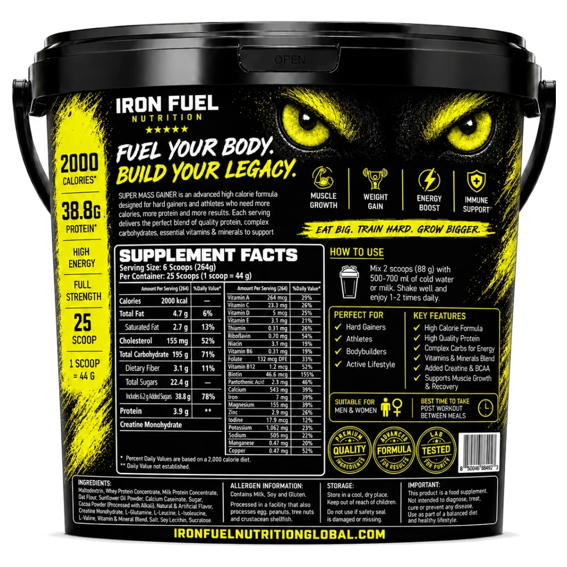 Back label of IRON FUEL Super Mass Gainer with supplement facts