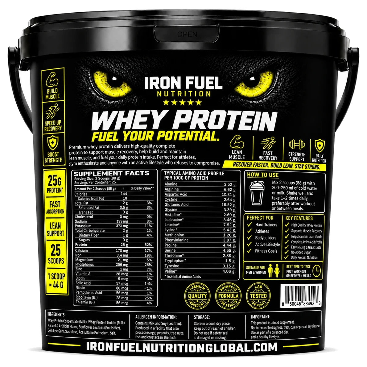 Back label of IRON FUEL Super Whey Protein with supplement facts